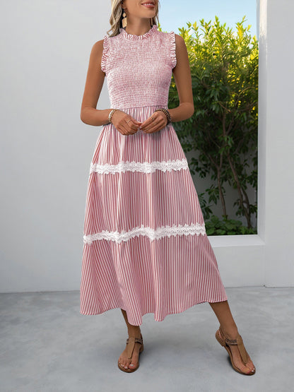 Ruffled Sleeveless Striped Smocked Lace Tiered Dress