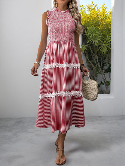 Ruffled Sleeveless Striped Smocked Lace Tiered Dress