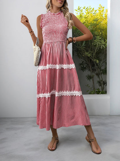 Ruffled Sleeveless Striped Smocked Lace Tiered Dress