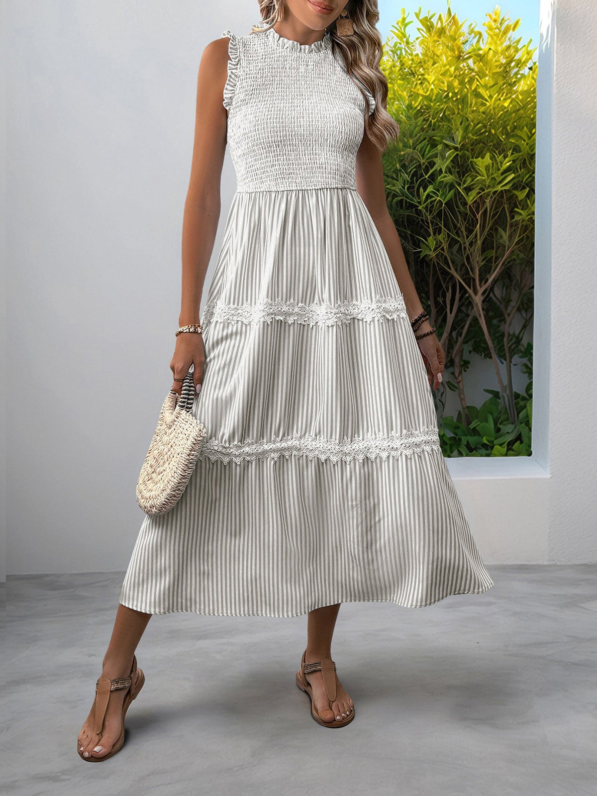 Ruffled Sleeveless Striped Smocked Lace Tiered Dress