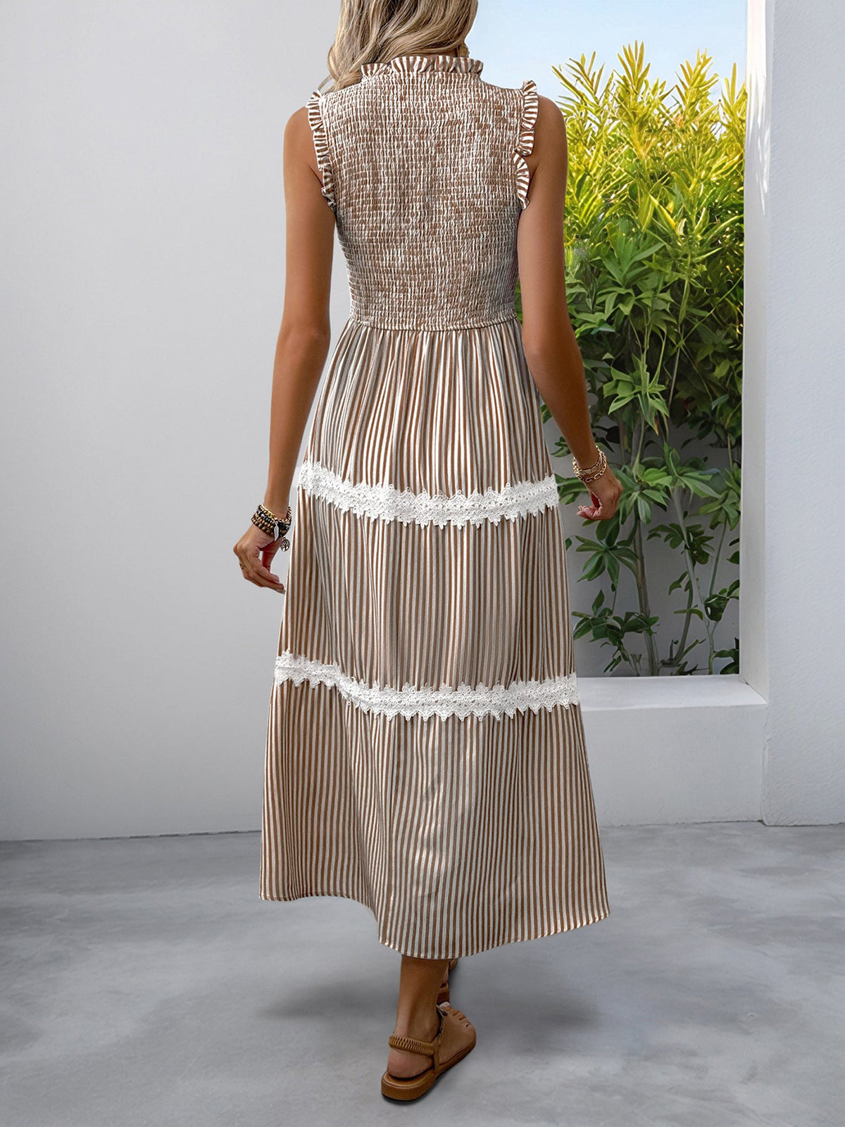 Ruffled Sleeveless Striped Smocked Lace Tiered Dress