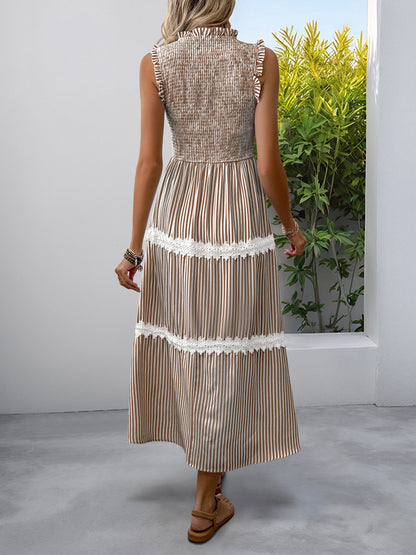 Ruffled Sleeveless Striped Smocked Lace Tiered Dress