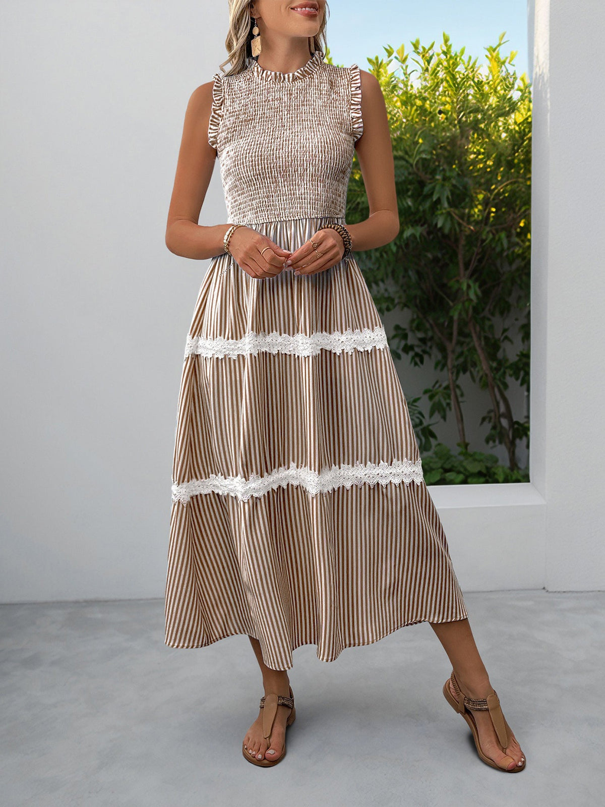 Ruffled Sleeveless Striped Smocked Lace Tiered Dress