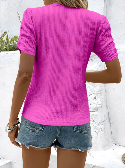 Round Neck Ruched Short Sleeve Textured Blouse