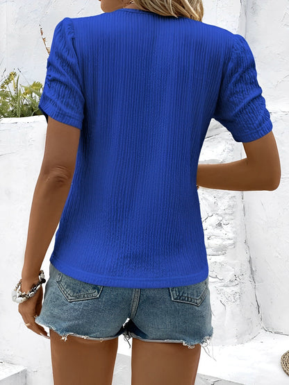 Round Neck Ruched Short Sleeve Textured Blouse
