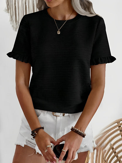 Round Neck Ruffled Short Sleeve Textured Blouse
