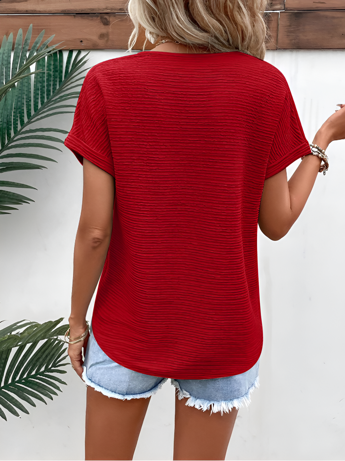 Textured V Neck Short Sleeve Solid Color Blouse