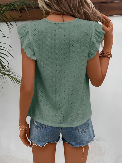 Round Neck Ruffle Cap Sleeves Eyelet Casual Blouse