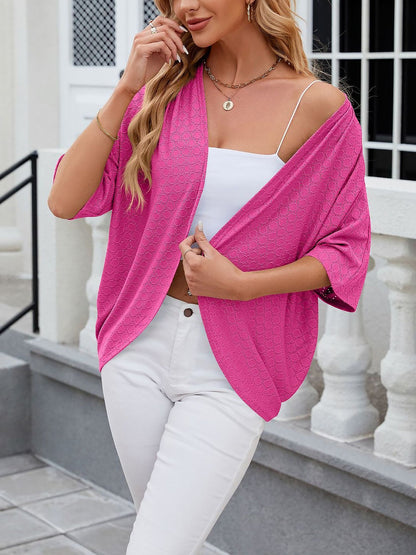 Solid Color Mid Sleeve Textured Open Front Jacket