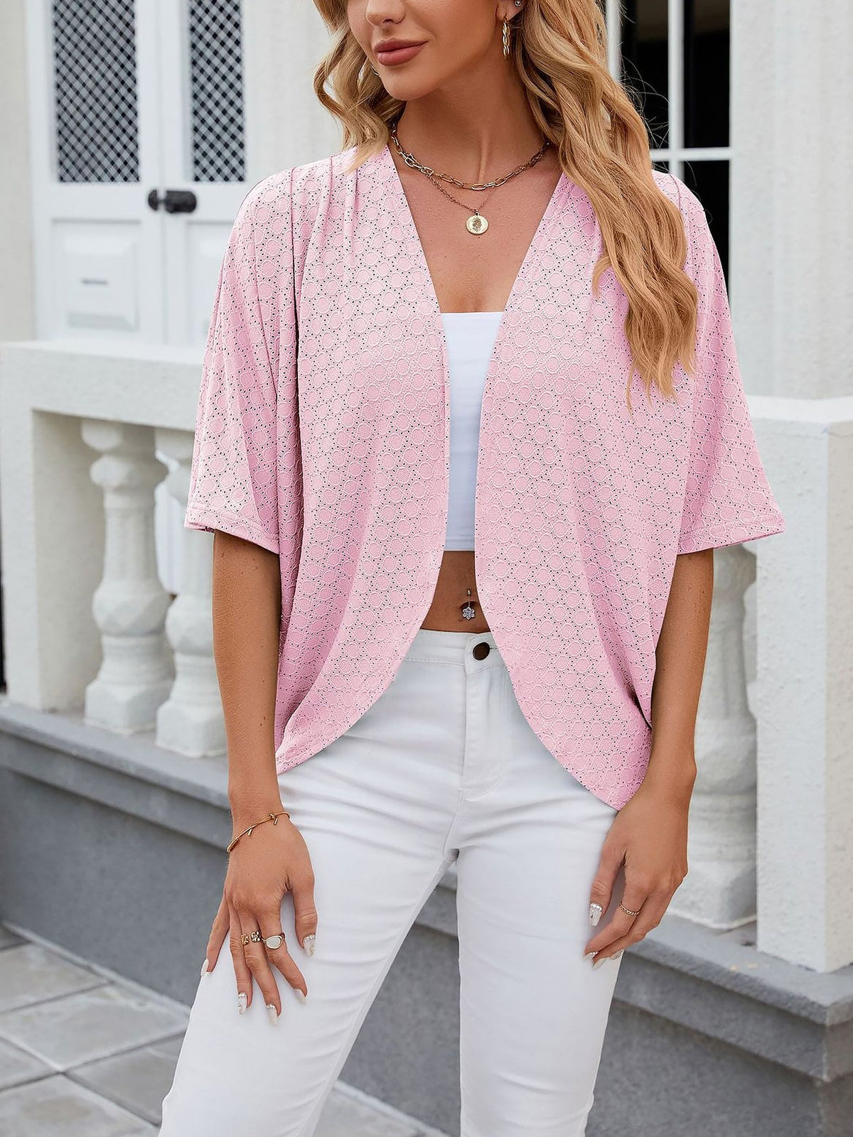 Solid Color Mid Sleeve Textured Open Front Jacket