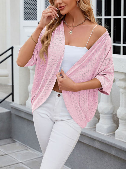 Solid Color Mid Sleeve Textured Open Front Jacket