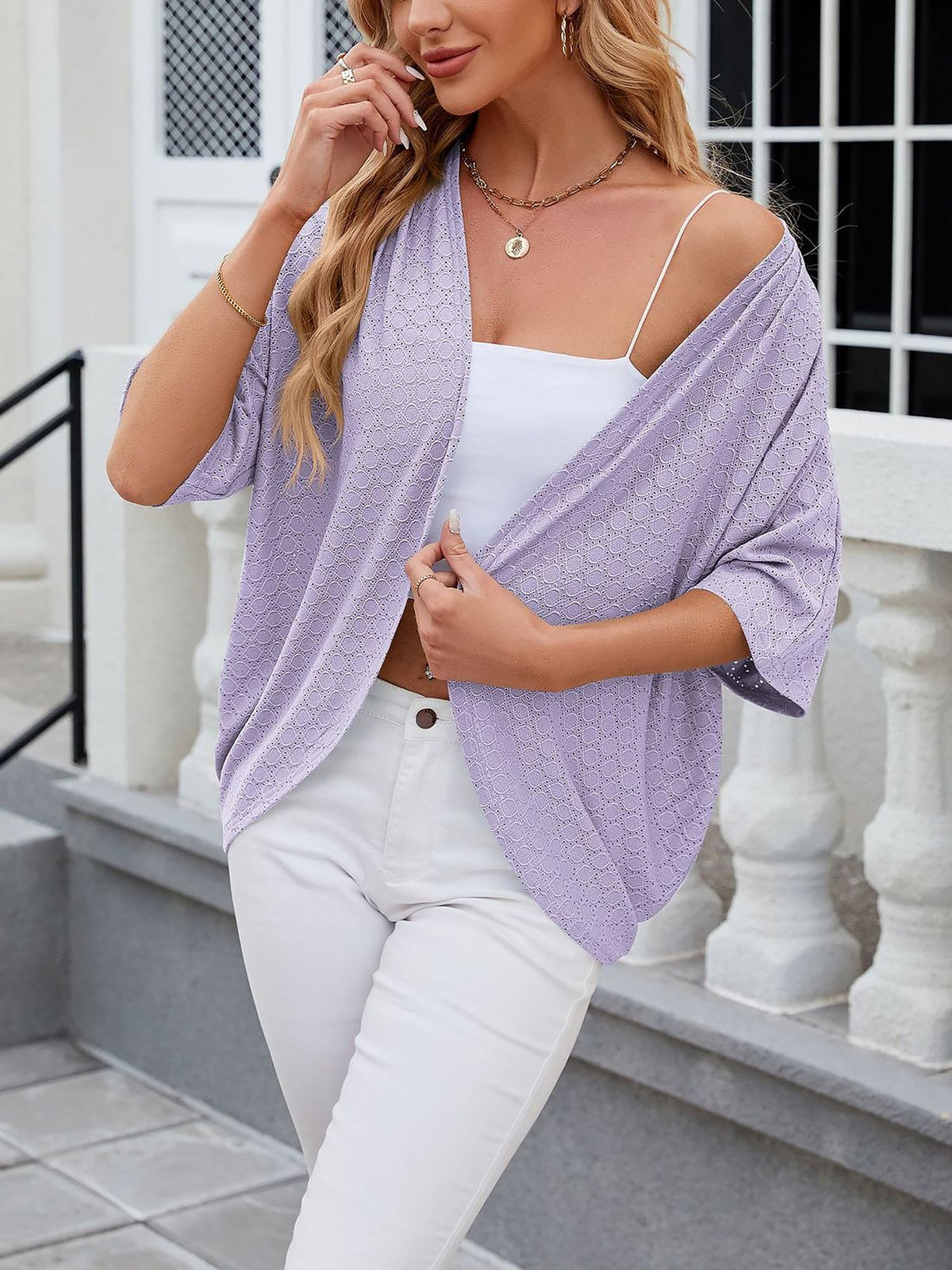 Solid Color Mid Sleeve Textured Open Front Jacket
