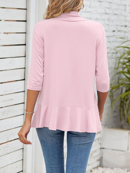Solid Color Ruffled Hem 3/4 Sleeve Open Front Jacket