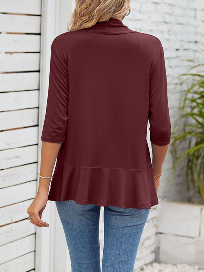 Solid Color Ruffled Hem 3/4 Sleeve Open Front Jacket