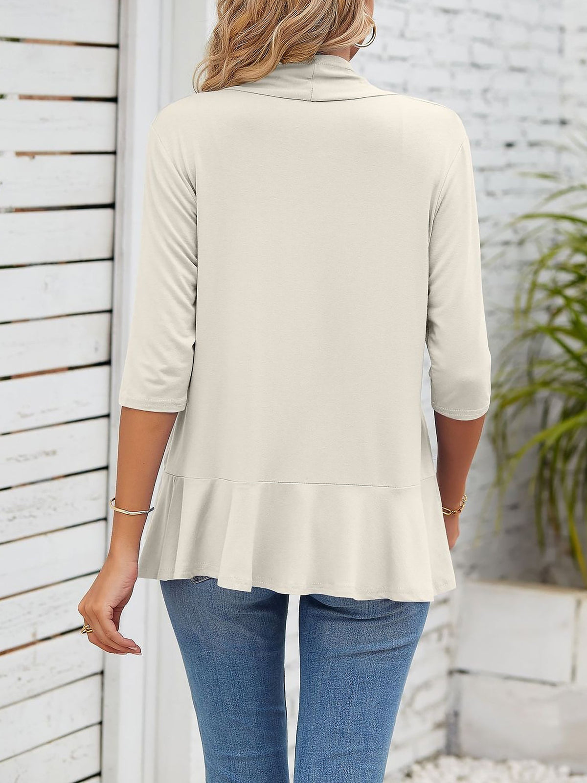 Solid Color Ruffled Hem 3/4 Sleeve Open Front Jacket