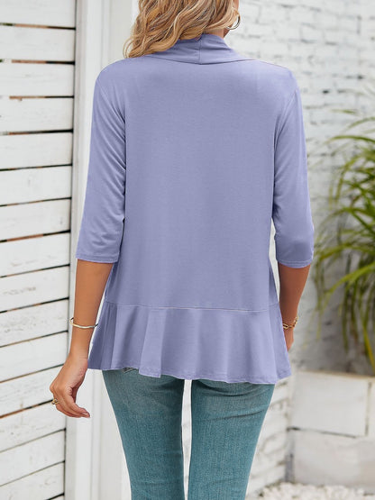Solid Color Ruffled Hem 3/4 Sleeve Open Front Jacket