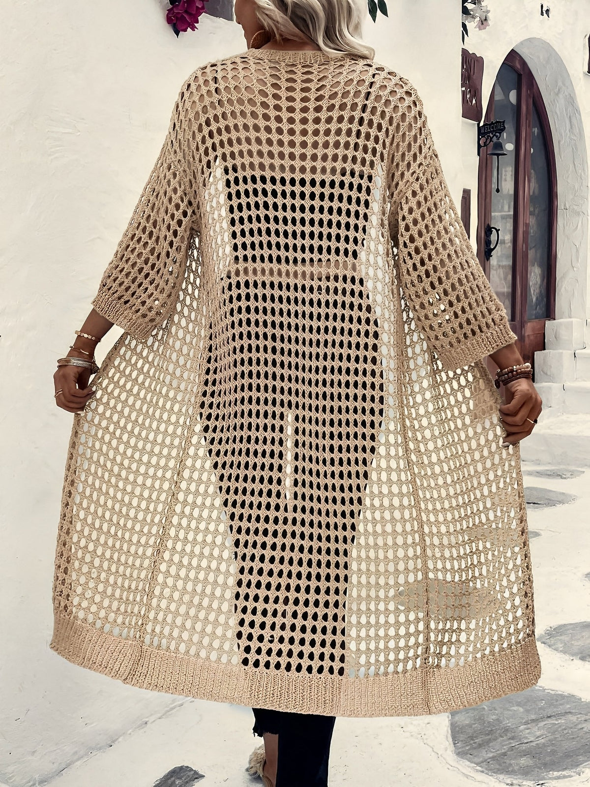 Hollow Knitted Mid-Length 3/4 Sleeves Open Front Jacket