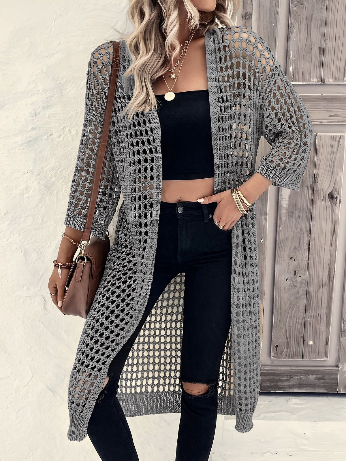 Hollow Knitted Mid-Length 3/4 Sleeves Open Front Jacket