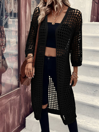 Hollow Knitted Mid-Length 3/4 Sleeves Open Front Jacket