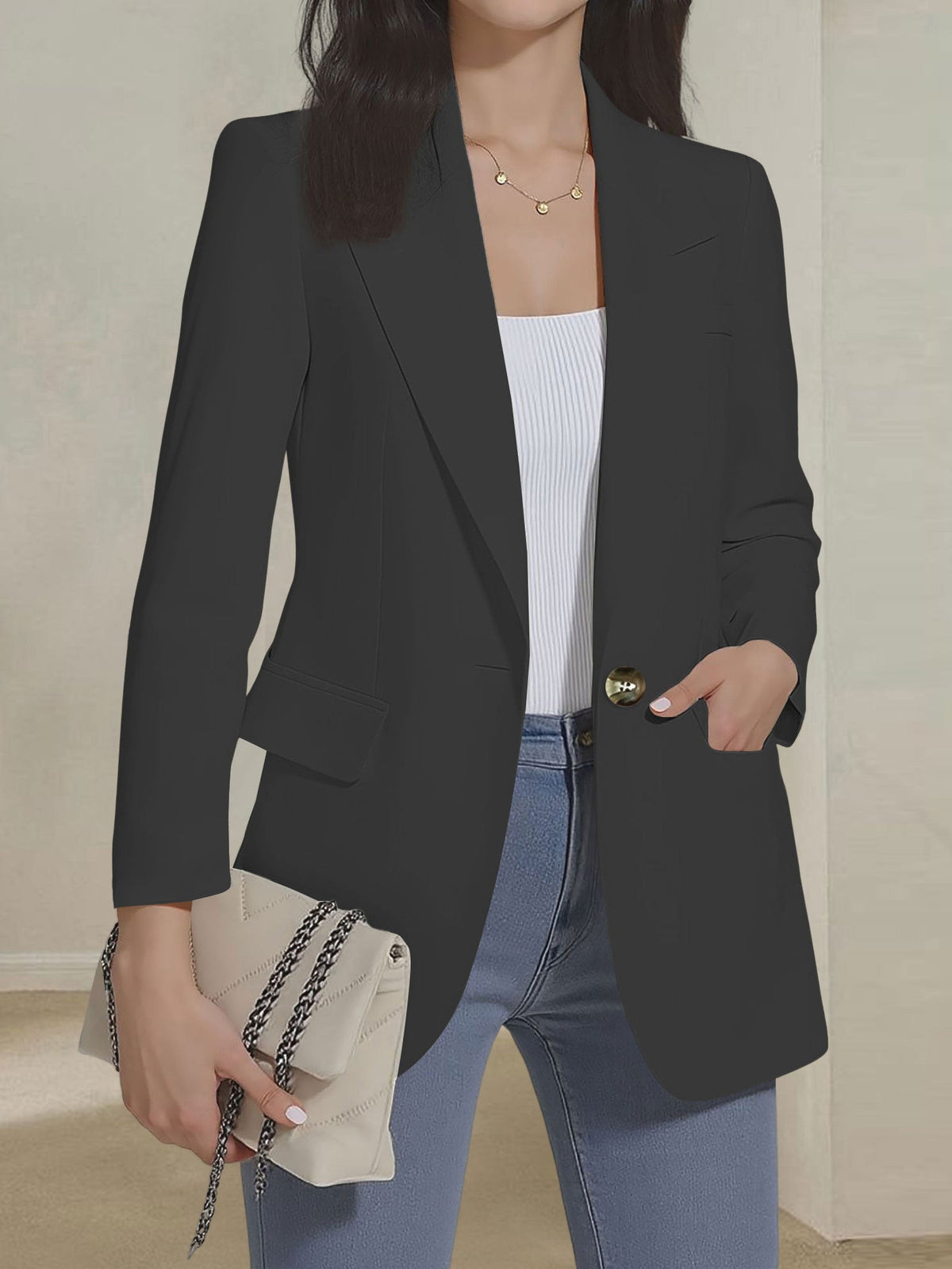 Notched Lapel Single Button Long Sleeves Blazer