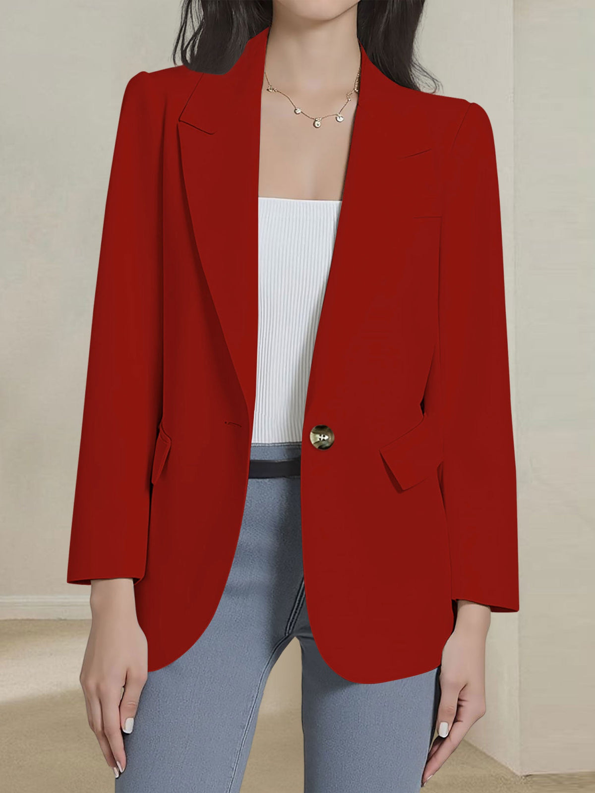 Notched Lapel Single Button Long Sleeves Blazer