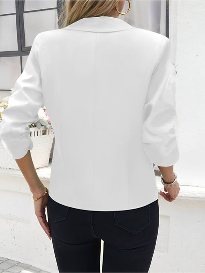 Notched Lapel Ruched 3/4 Sleeves Solid Color Blazer