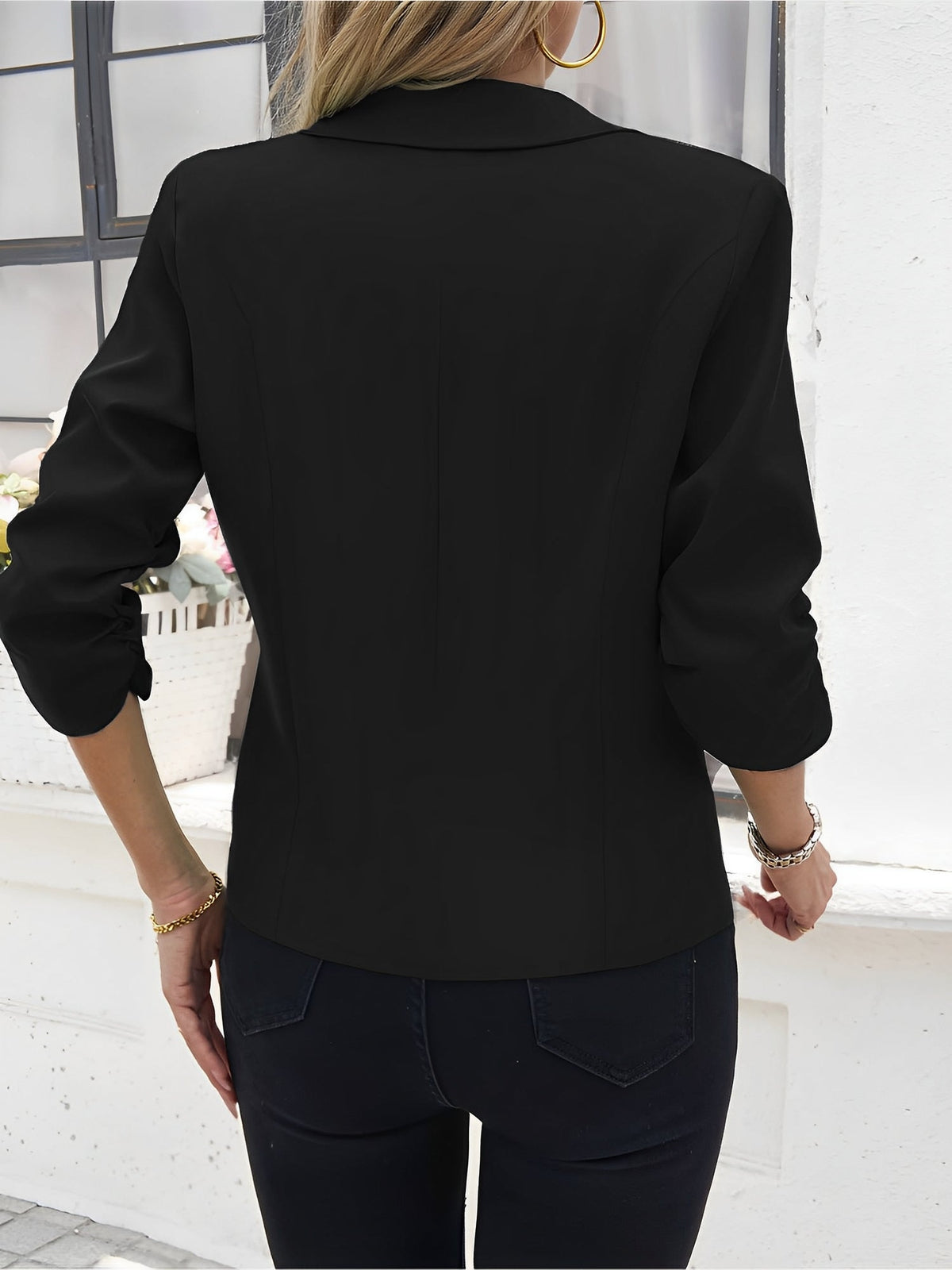 Notched Lapel Ruched 3/4 Sleeves Solid Color Blazer