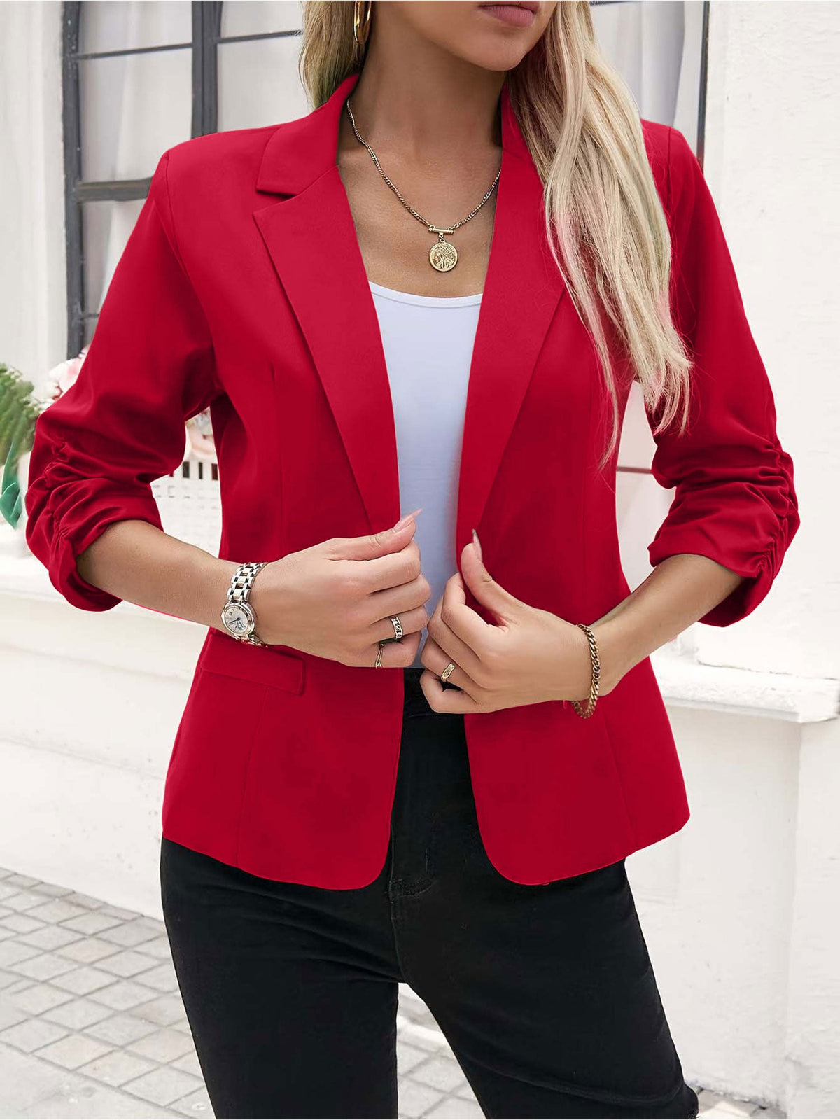 Notched Lapel Ruched 3/4 Sleeves Solid Color Blazer