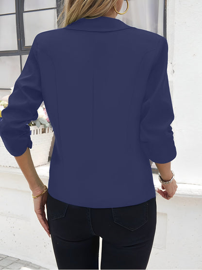 Notched Lapel Ruched 3/4 Sleeves Solid Color Blazer