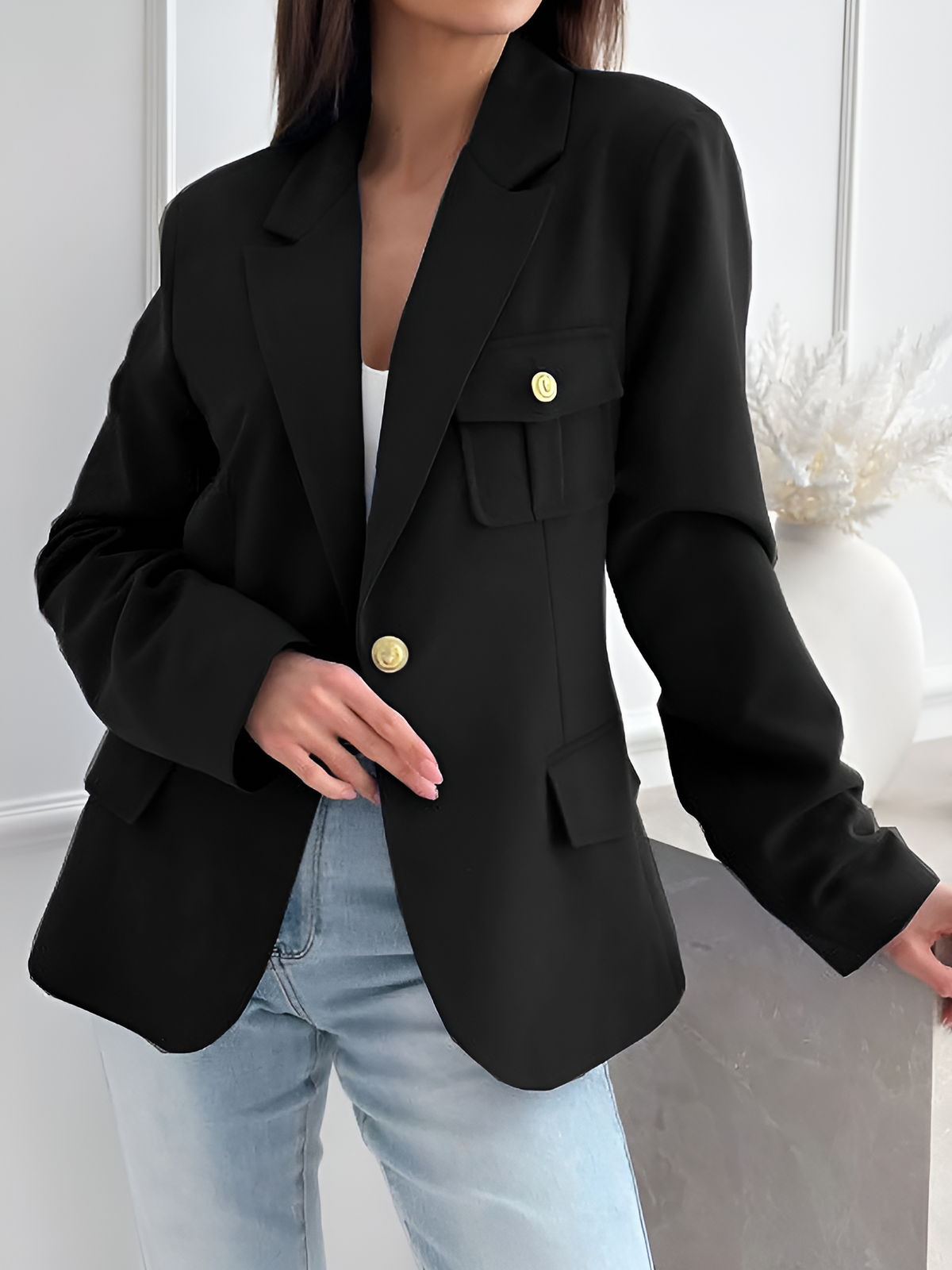 Solid Color Double Breasted Long Sleeves Blazer