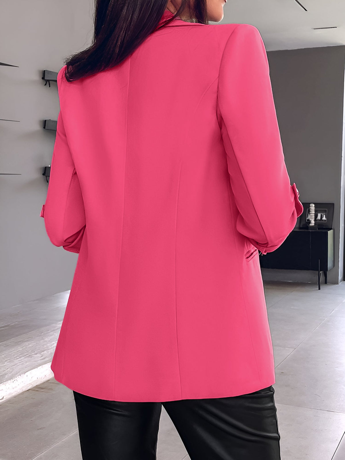 Notched Lapel Solid Color Rolled Sleeves Blazer