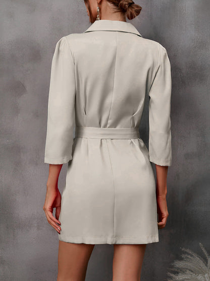 Double Breasted Puff 3/4 Sleeves Belted Blazer Dress