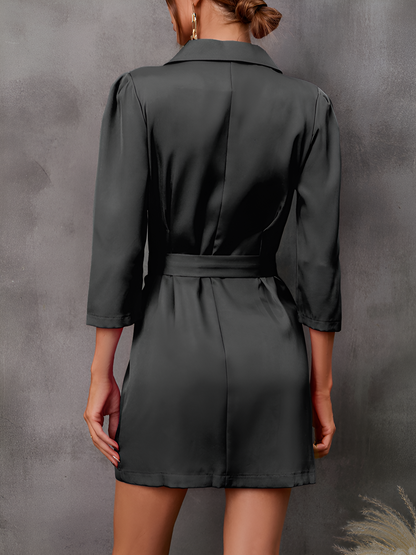 Double Breasted Puff 3/4 Sleeves Belted Blazer Dress
