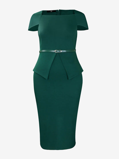 Square Neck Cap Sleeve Belted Work Midi Sheath Dress