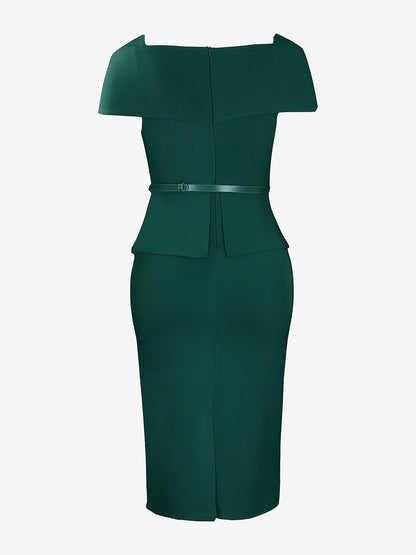 Square Neck Cap Sleeve Belted Work Midi Sheath Dress