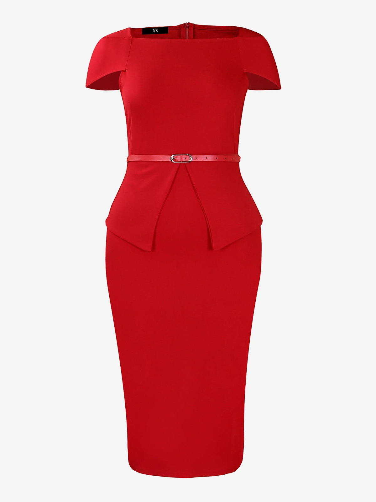 Square Neck Cap Sleeve Belted Work Midi Sheath Dress