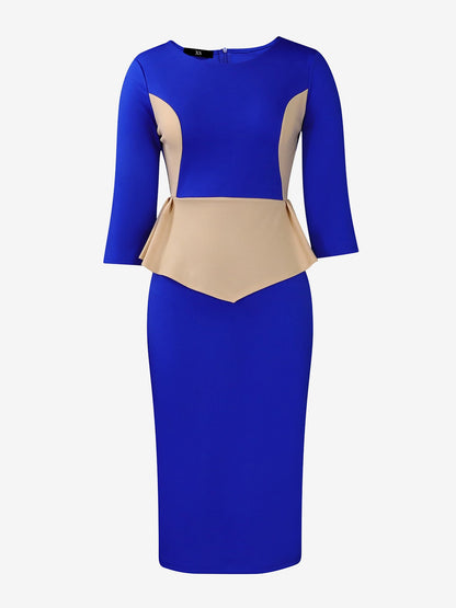Colorblock Round Neck 3/4 Sleeves Slit Sheath Dress