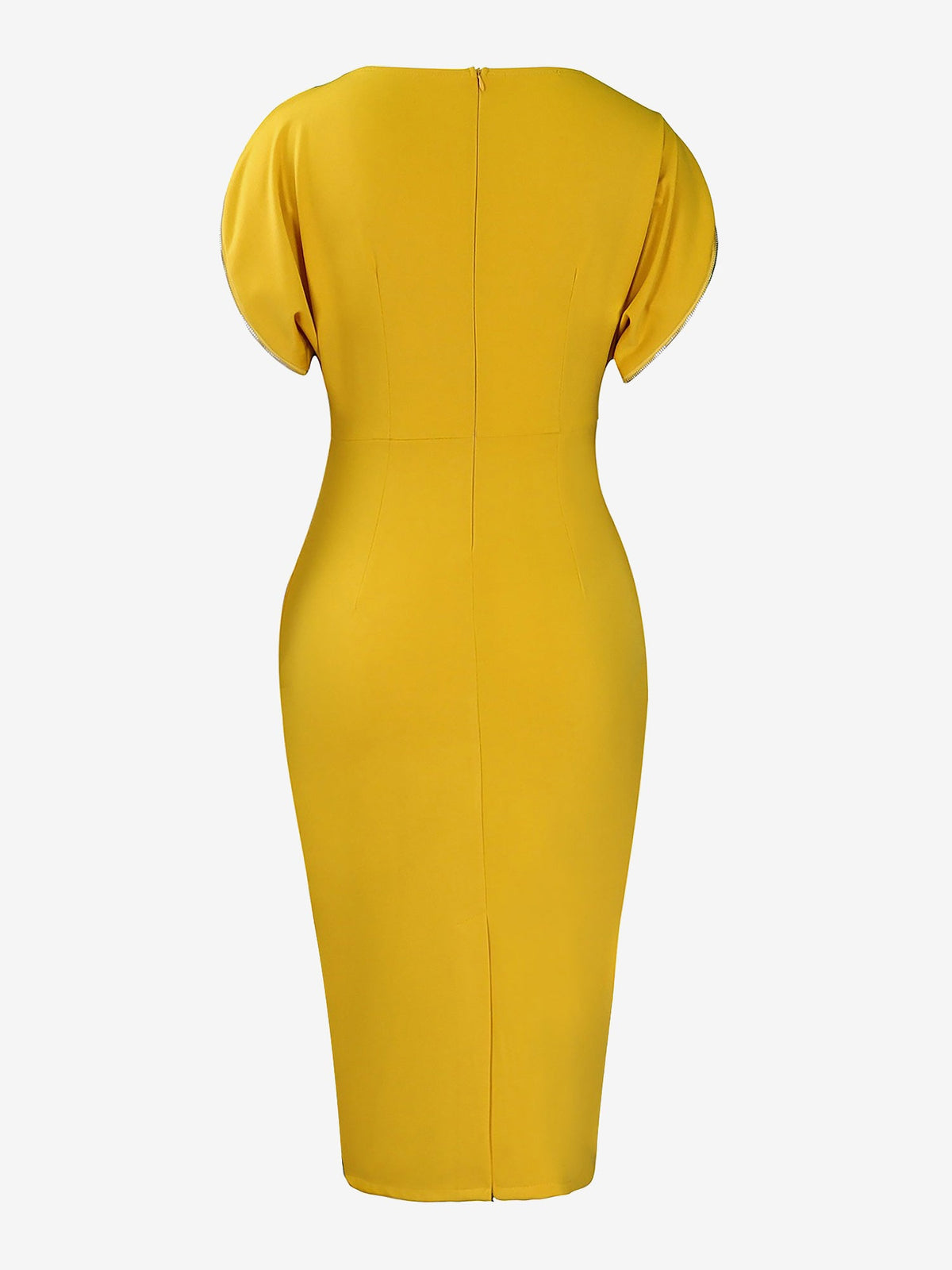 Zipper Short Sleeves Slit Midi Sheath Dress