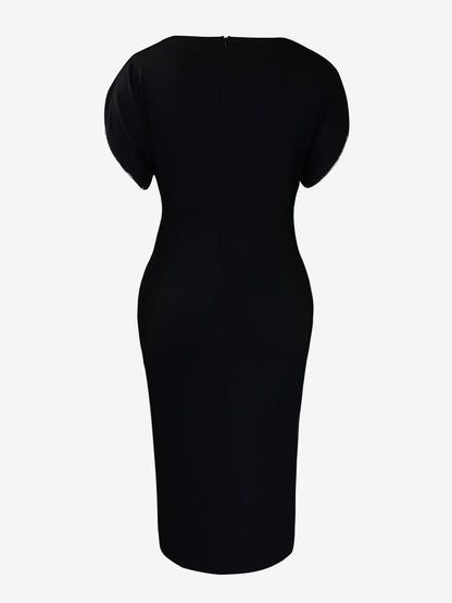 Zipper Short Sleeves Slit Midi Sheath Dress