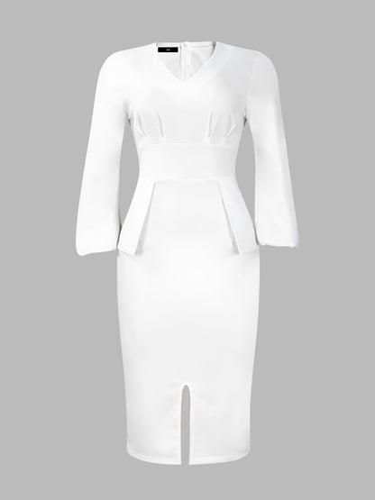 V Neck Puff Sleeve Slit Office Midi Sheath Dress