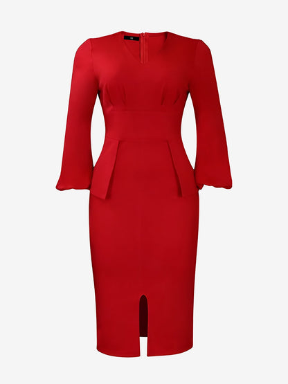 V Neck Puff Sleeve Slit Office Midi Sheath Dress
