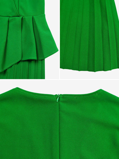 V Neck Short Sleeves Belted Pleated Midi Work Dress