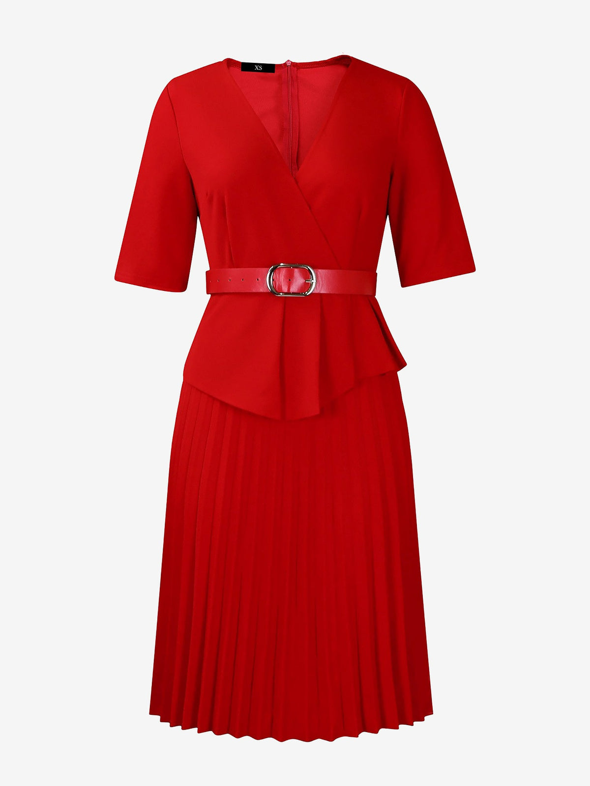V Neck Short Sleeves Belted Pleated Midi Work Dress