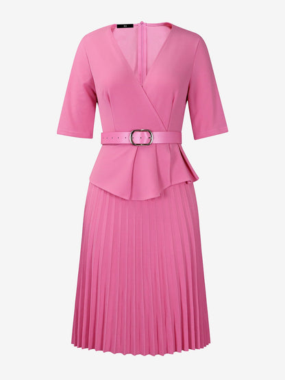 V Neck Short Sleeves Belted Pleated Midi Work Dress