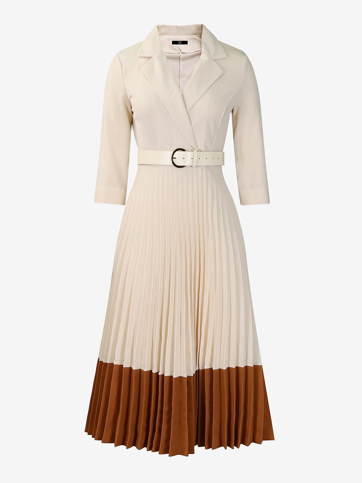 Notched Lapel Colorblock Belted Pleated Midi Dress