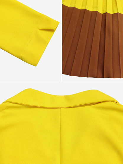Notched Lapel Colorblock Belted Pleated Midi Dress