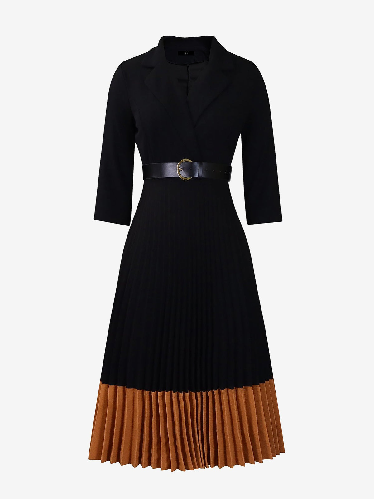 Notched Lapel Colorblock Belted Pleated Midi Dress