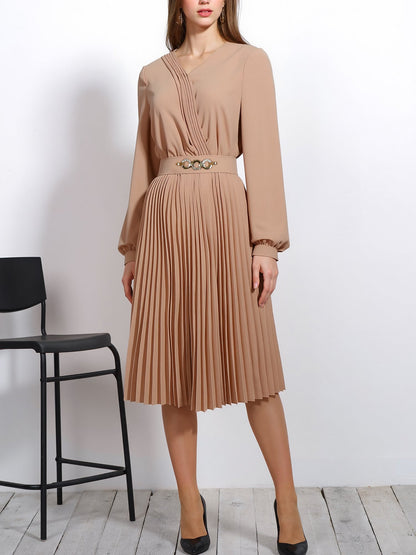 V Neck Long Sleeves Belted Pleated Midi Dress
