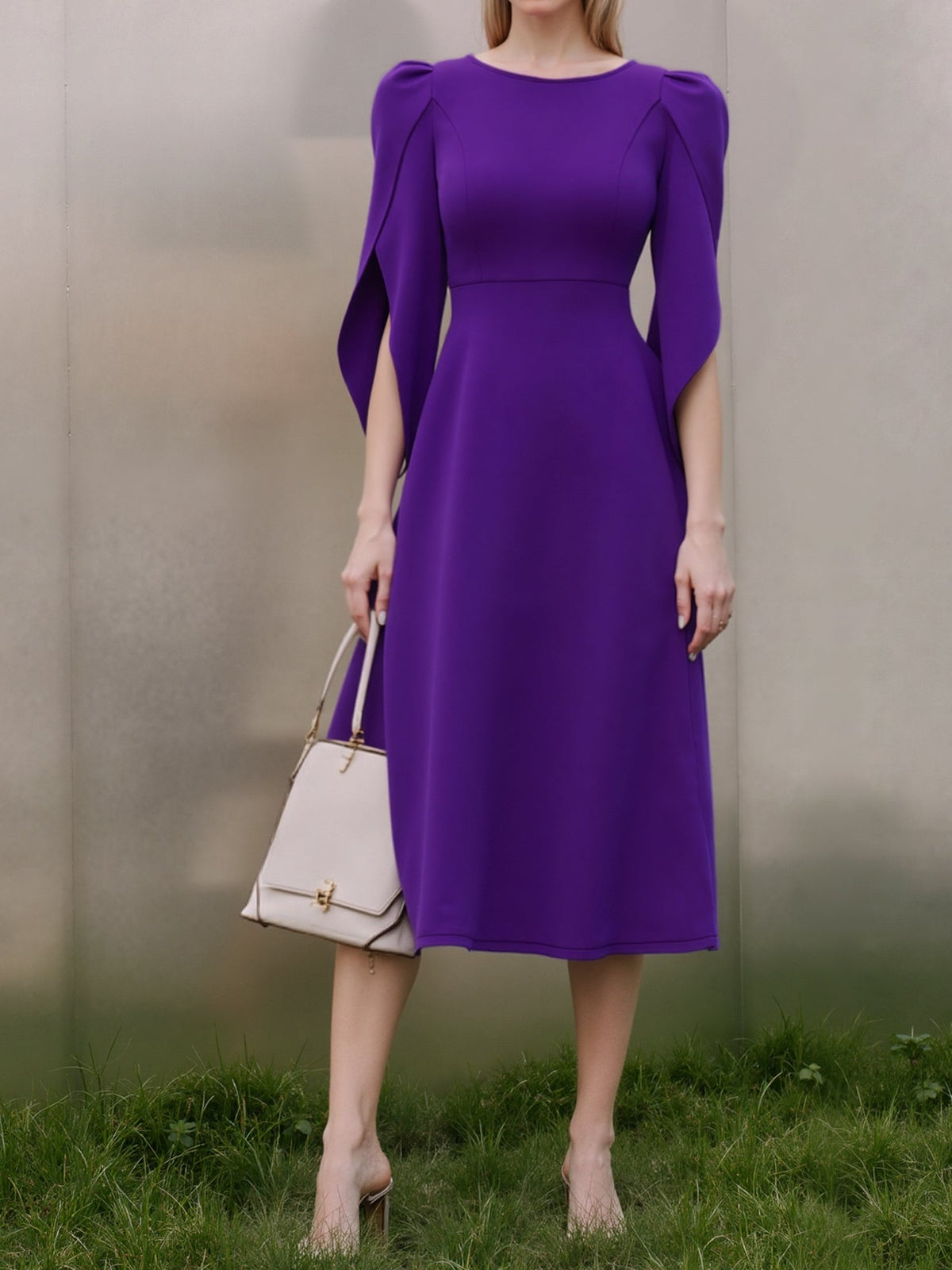 Round Neck Puff 3/4 Sleeves A-Line Midi Dress