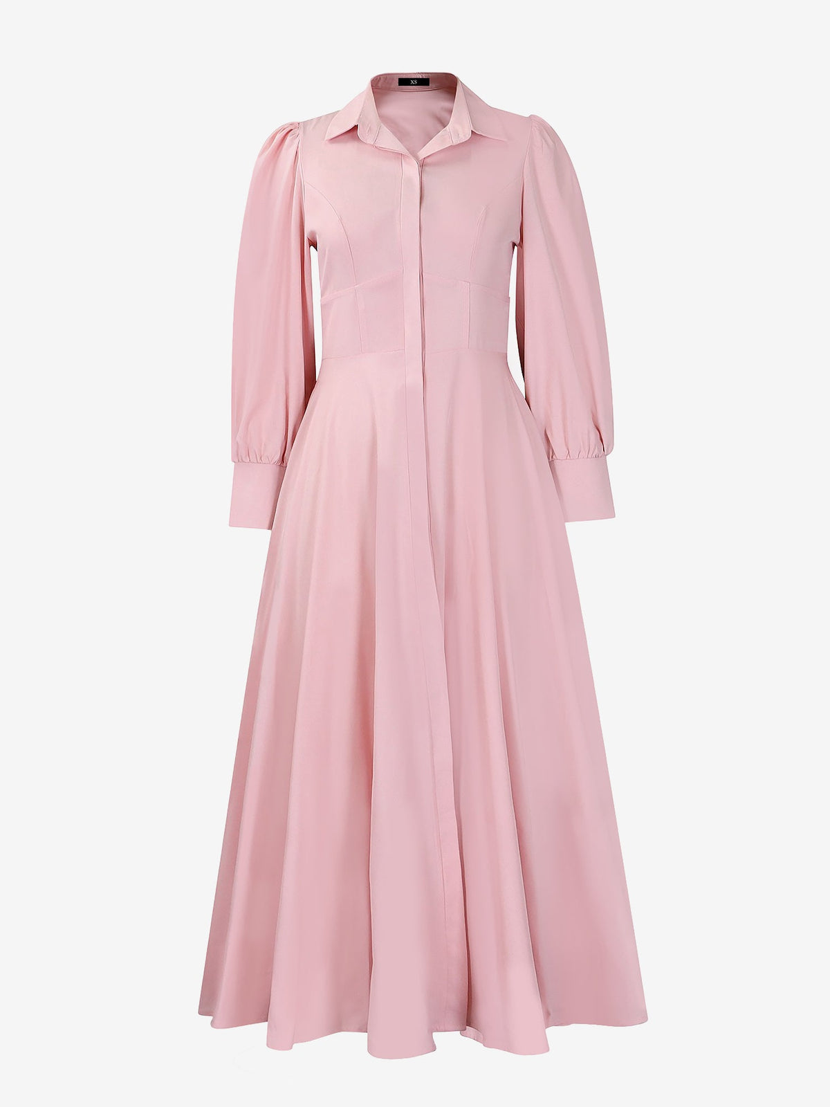 Solid Color Puff Long Sleeves Midi A-Line Shirt Dress